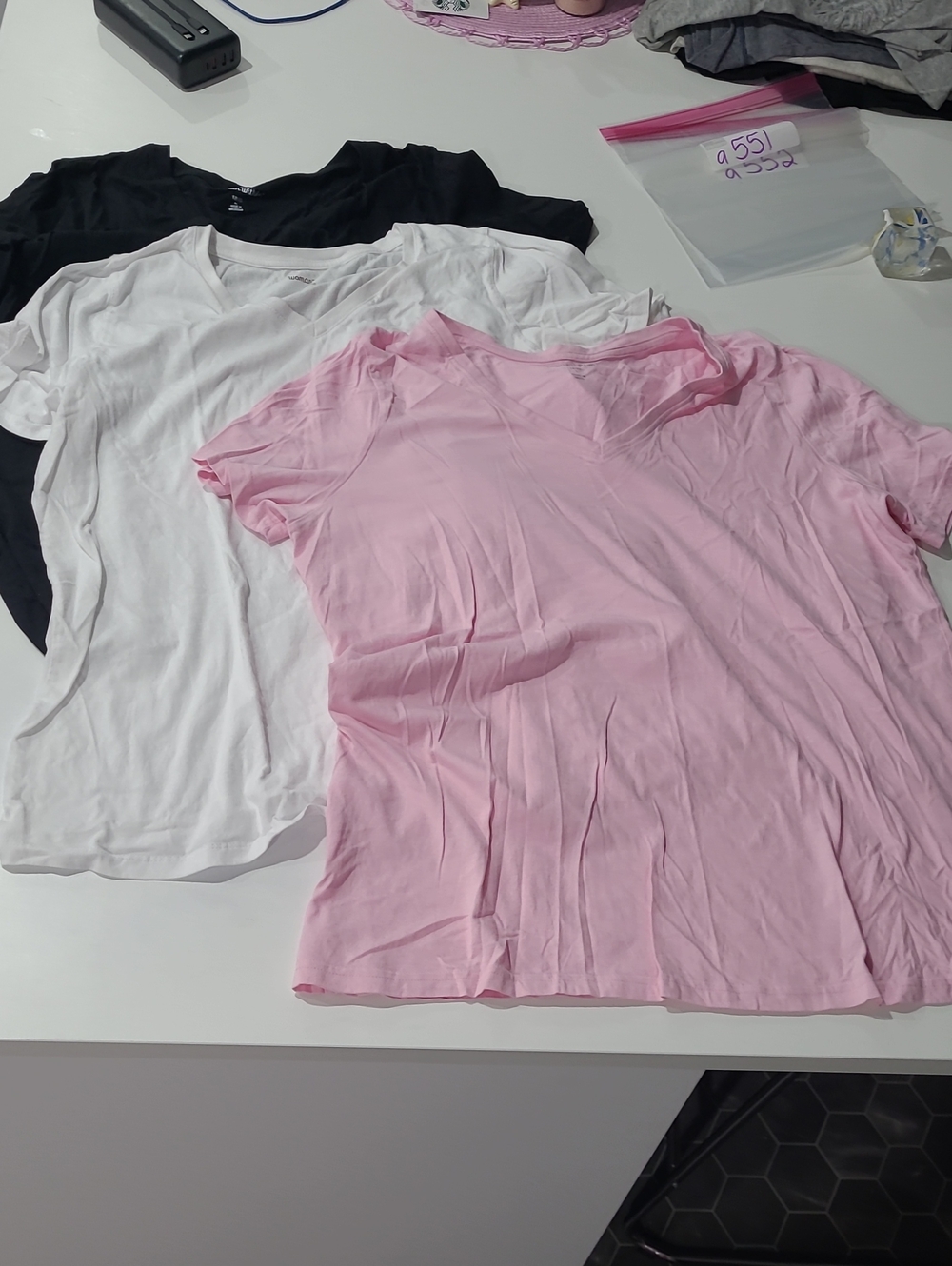 Woman Within Short-Sleeve V-Neck Tee Trio - Pink, White, Black LOT OF 3 SHIRTS